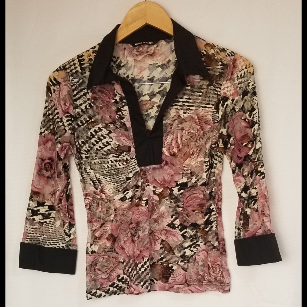 Women's Tally Weijl Sheer Lace Floral Blouse with Black Accents Size S